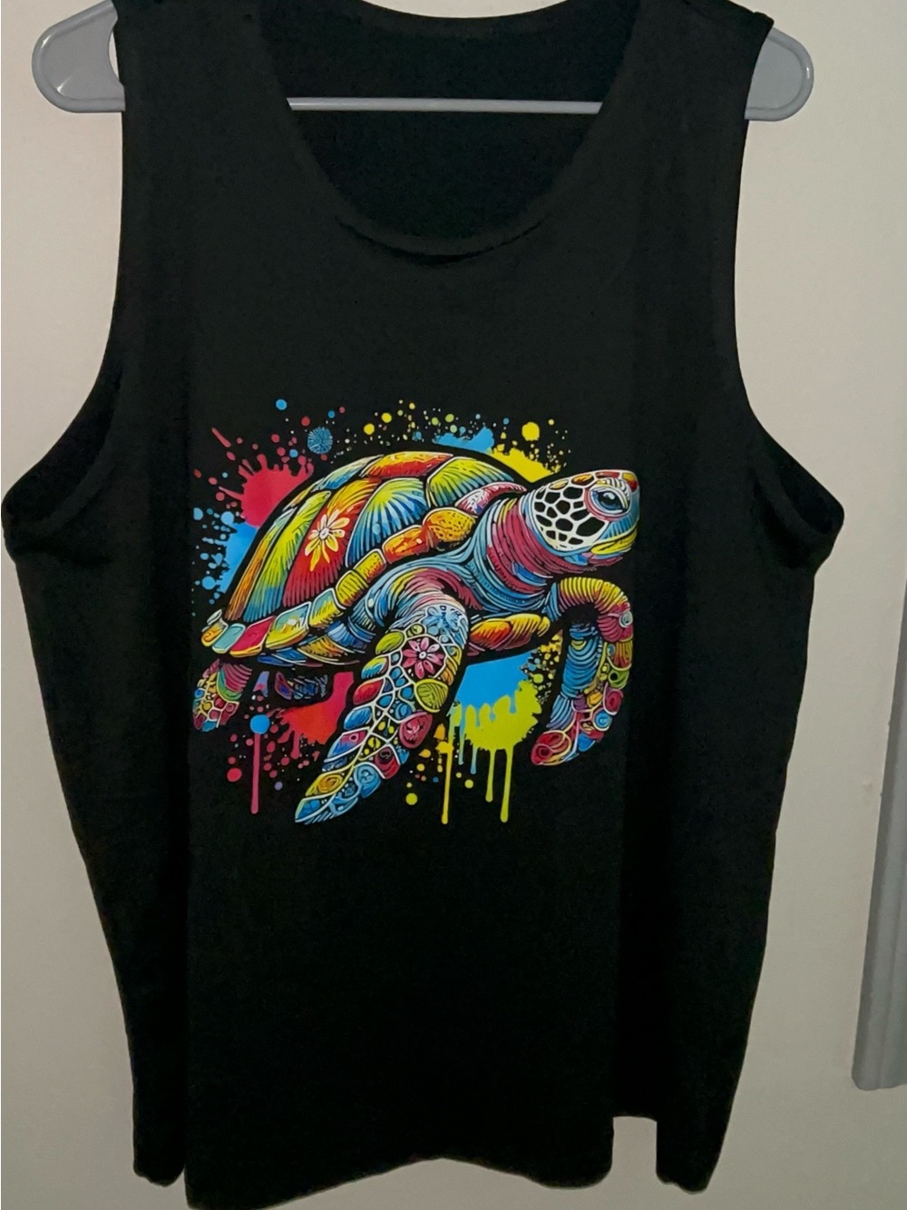 SHEIN Black Tank Top with Multicolor Neon Turtle Graphic